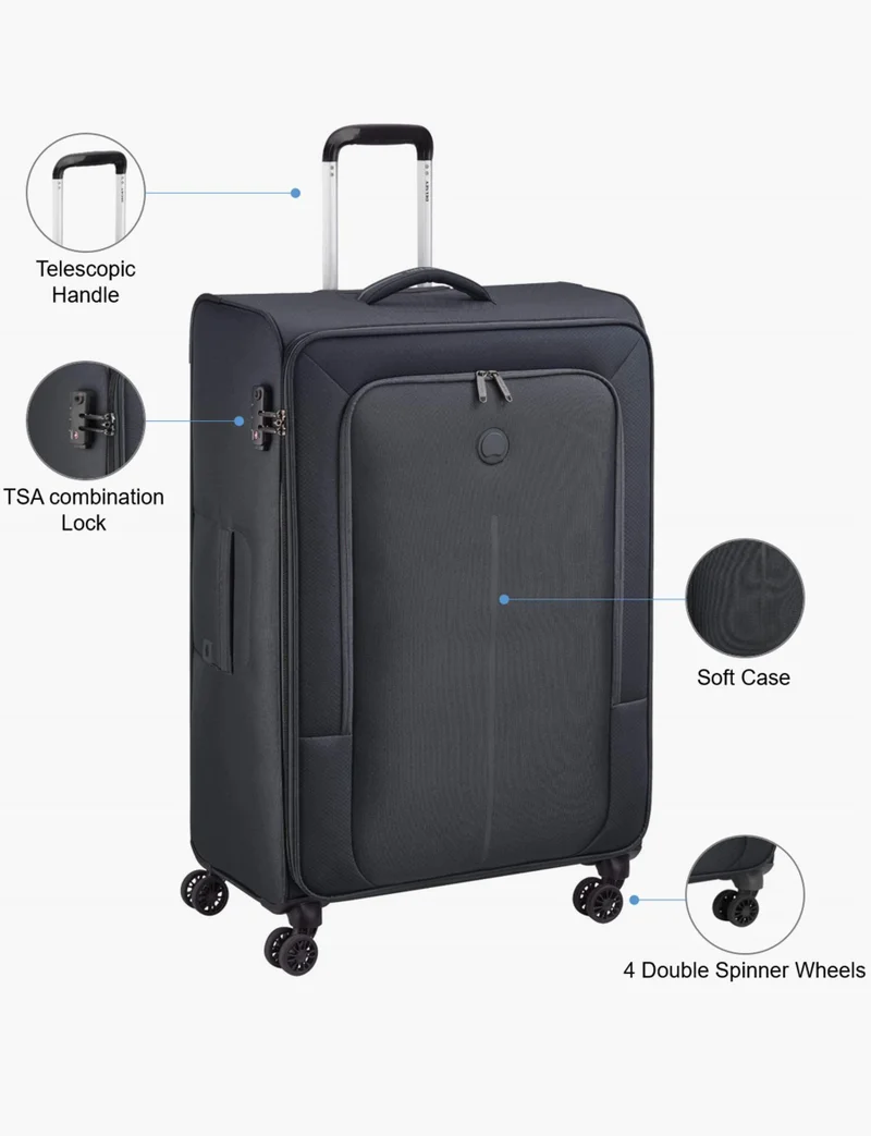 DELSEY Paris Black Caracas 82 Cm Large 4-Double Wheeled Softcase Expandable Check-In Luggage Trolley - Black  | Best Price UAE